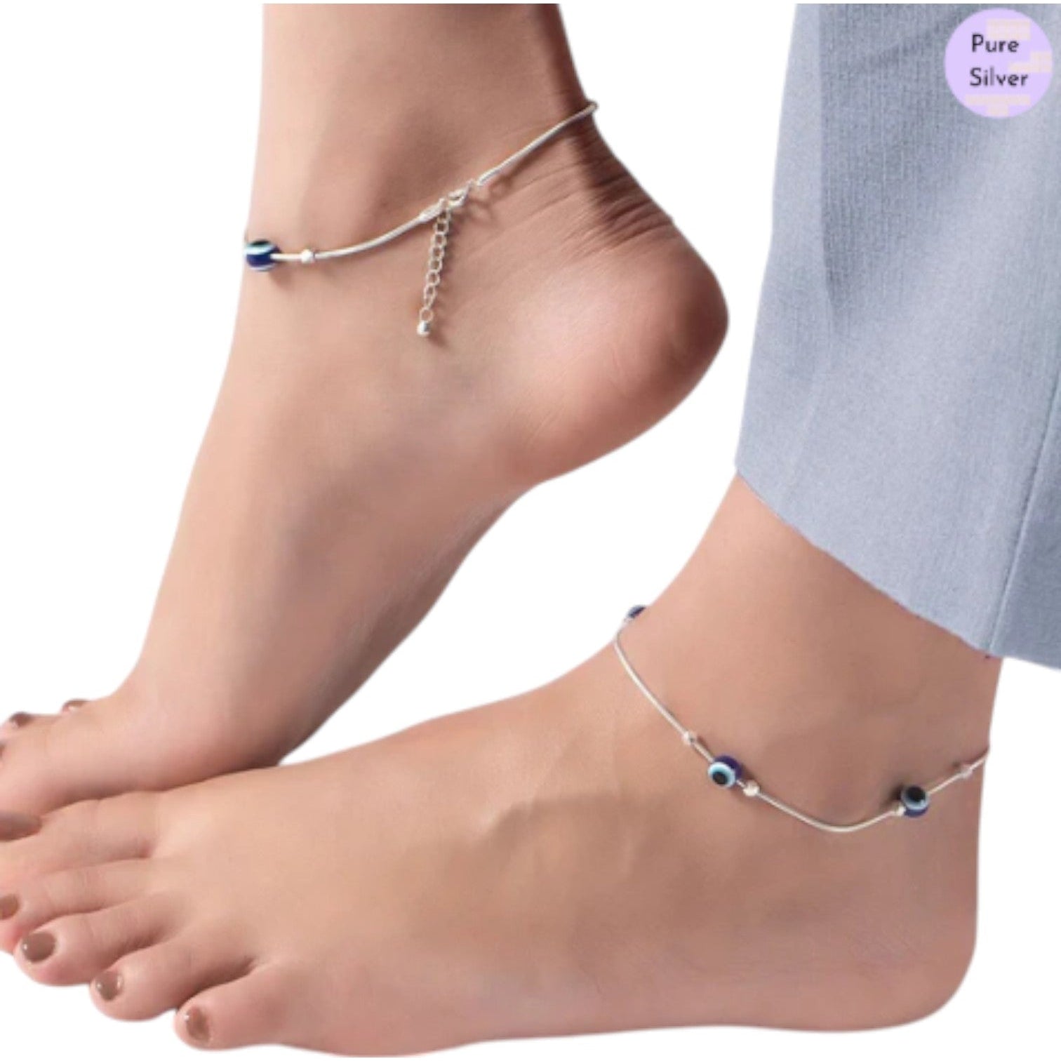 Evil Eye Beaded Rhodium Plated 925 Sterling Silver Chain Anklet By Kesardeep Impex For Women